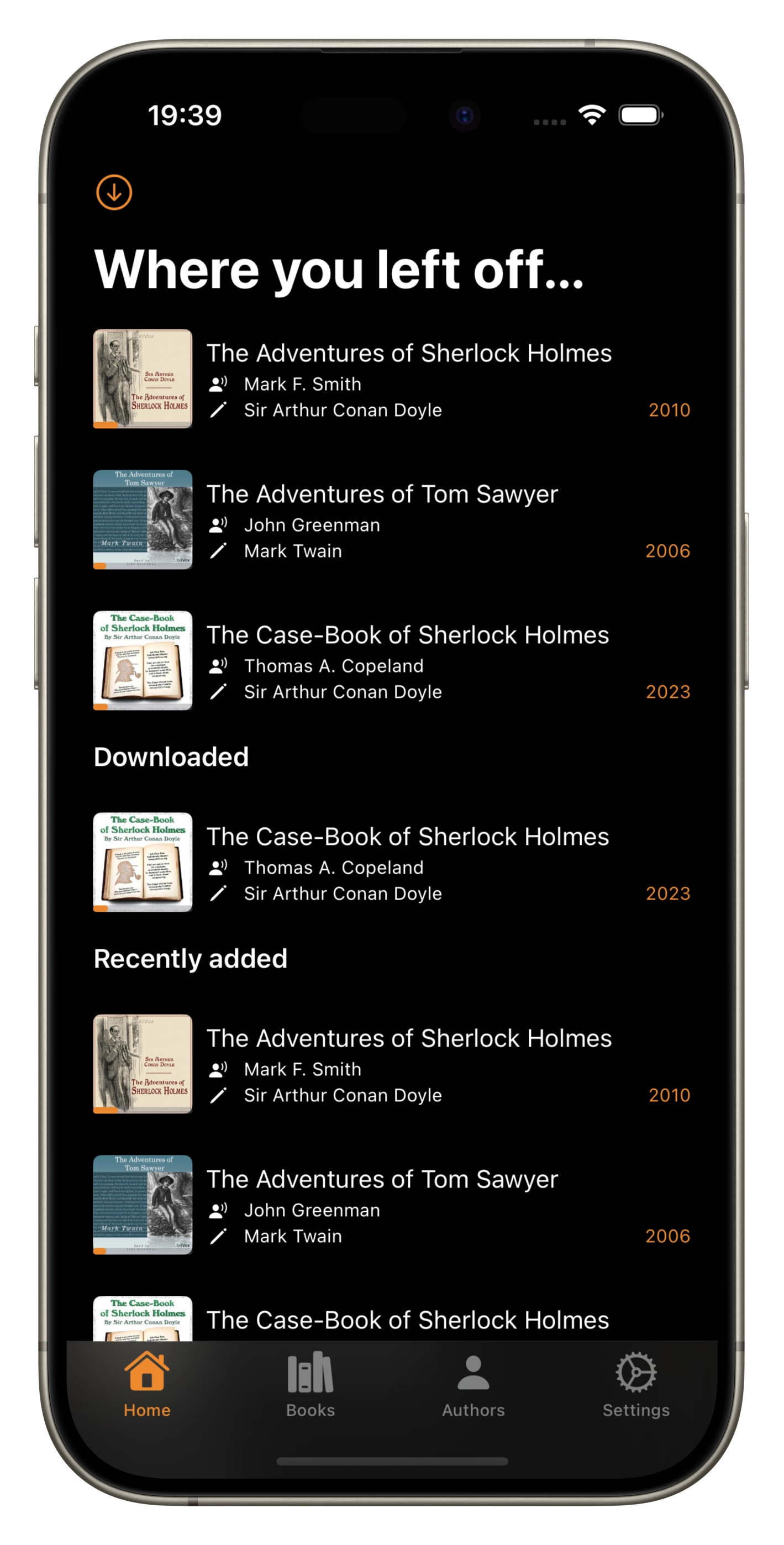 Screenshot showing plappa displaying a list of audiobooks